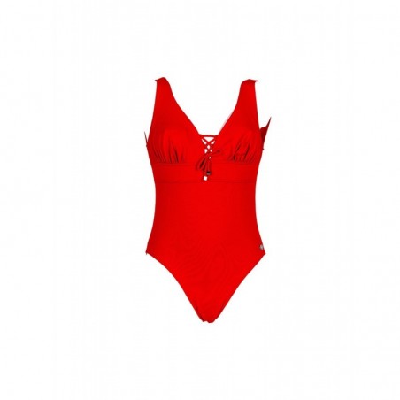 Maillot de bain 1 pièce gainant bonnet C, uni rouge et détail argent, taille 36 à 52