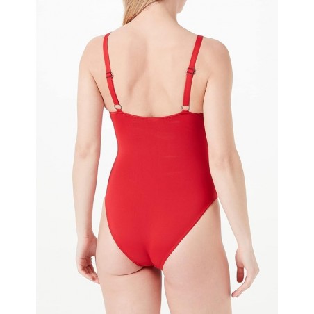 Maillot de bain 1 pièce uni rouge gainant, décolleté arrondi et bretelles réglables, du 36 au 52