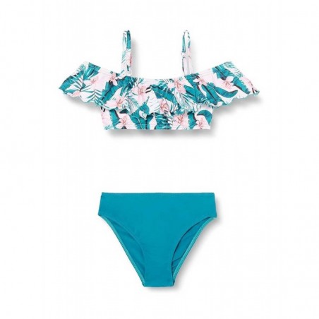 Maillot 2 pièces fille brassière à volant imprimé tropical bleu pétrole, 6 à 16 ans