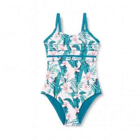 Maillot de bain 1 pièce fille, imprimé tropical, contrastes bleu vert, 6 à 16 ans