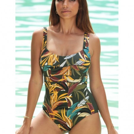 Maillot de bain une pièce gainant tropical kaki bonnet C du 38 au 52