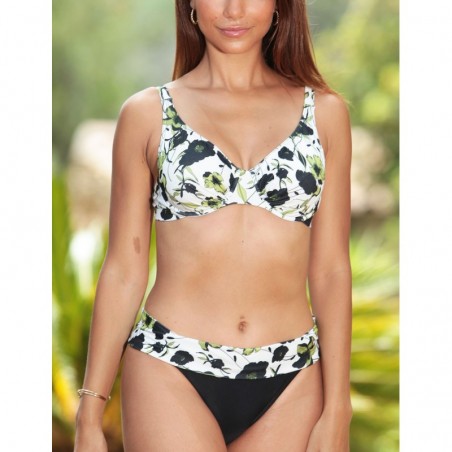 Bikini 2 pièces noir et floral culotte à revers, bonnet D armatures, 36 au 46