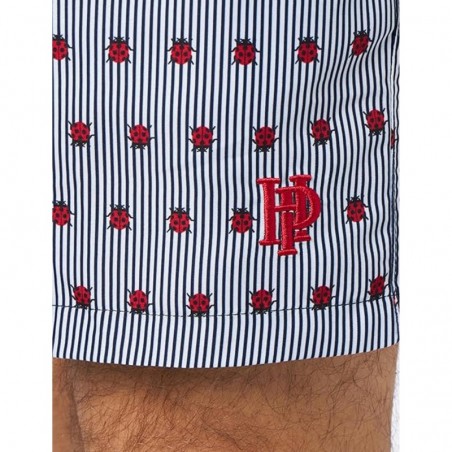 Boardshort homme rayé bleu et blanc imprimé coccinelles, tailles S-XXL