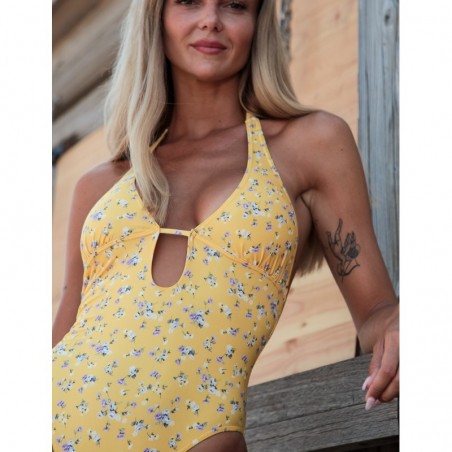 Maillot 1 pièce échancré décolleté V, jaune à fleurs –  du 36 au 46