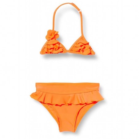 Maillot 2 pièces fillette orange fluo détail fleur 2-8 ans