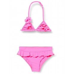 Maillot 2 pièces fillette rose fluo détail fleur 2-8 ans