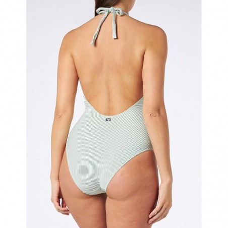 Maillot de bain 1 pièce décolleté V, rayures vert et blanc - Bonnet C - 36 au 46