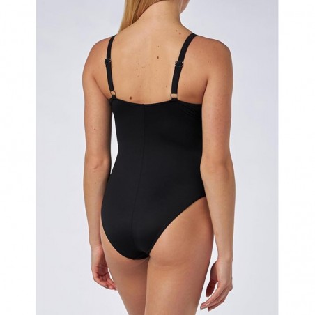 Maillot 1 pièce sculptant noir motif mandala sur poitrine, dos droit - Bonnet C du 36 au 46