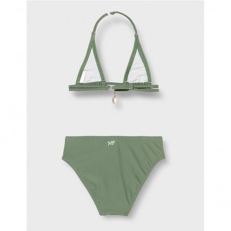 Maillot de bain 2 pièces fille kaki, haut triangle bijoux et culotte classique, 6 à 16 ans