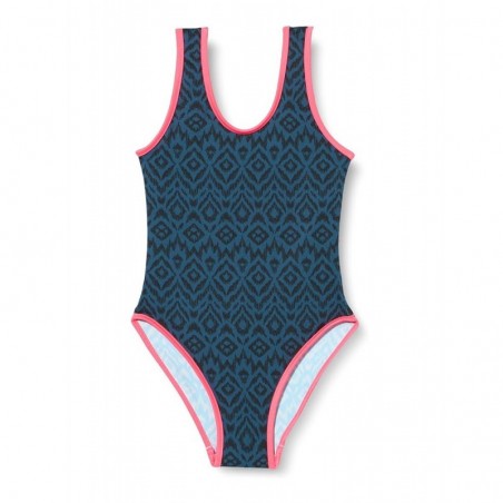 Maillot de bain 1 pièce fille bleu imprimé géométrique avec liseré rose, 6 à 16 ans