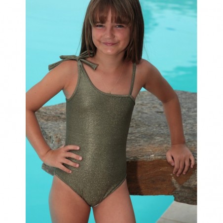 Maillot 1 pièce fille scintillant, bustier asymétrique uni kaki, du 6 ans au 16 ans