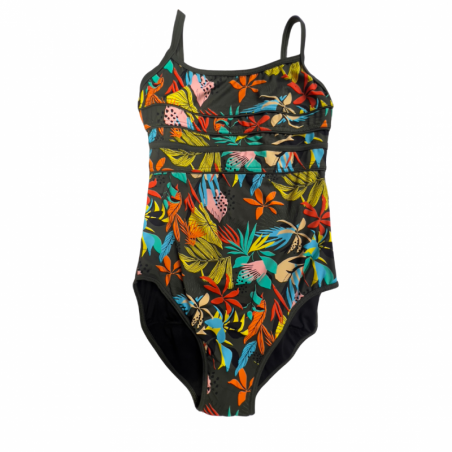 Maillot de bain menstruel 1 pièce Mesange noir tropical pour ado 12 au 16 ans