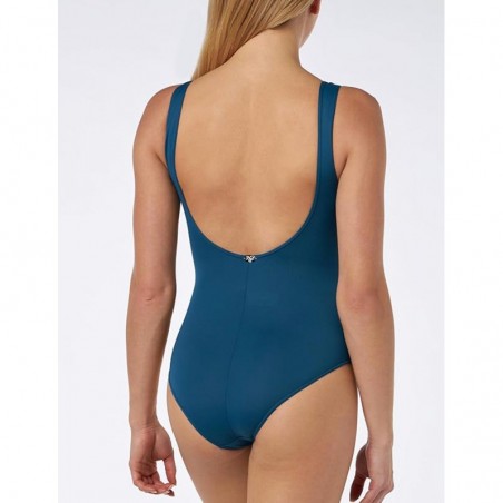 Maillot 1 pièce bleu imprimé feuillage sur poitrine, sculptant, décolleté V - du 36 au 60