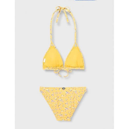 Maillot 2 pièces jaune motif floral haut triangle culotte classique, tailles 34 à 46