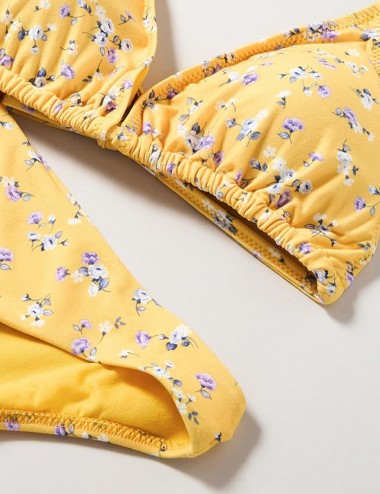 Maillot 2 pièces jaune motif floral haut triangle culotte classique, taille 34 à 46 - Détails