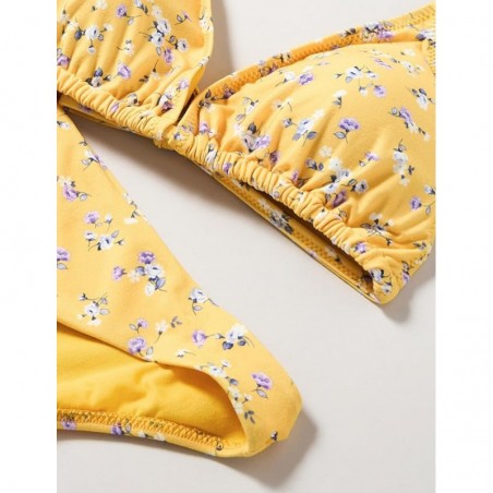 Maillot 2 pièces jaune motif floral haut triangle culotte classique, tailles 34 à 46