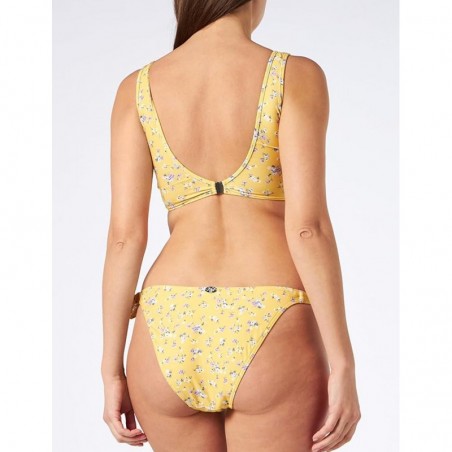 Maillot 2 pièces jaune motif floral, brassière nouée et culotte à nœuds réglables - du 34 au 46