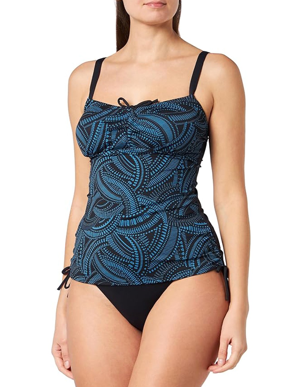 Ensemble tankini, top noir imprimé mandala bleu, culotte haute - taille 36 à 52