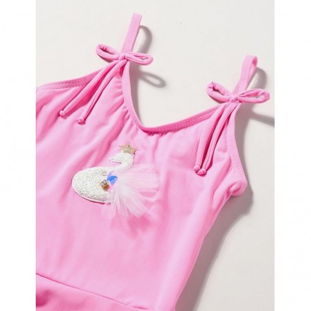 Maillot 1 pièce fillette rose motif cygne et volant - 2 au 8 ans