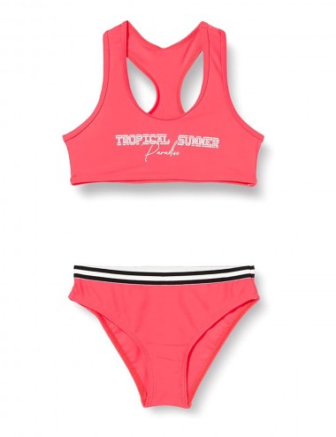 Maillot 2 pièces brassière corail fluo Tropical Summer, culotte avec galon - du 6 au 16 ans