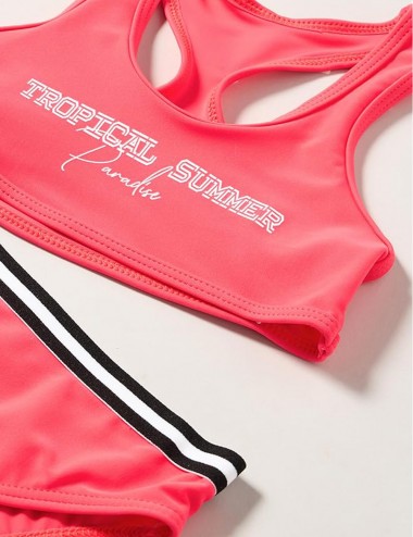 Maillot 2 pièces brassière uni corail fluo Tropical Summer, culotte avec galon - du 6 au 16 ans