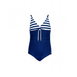 Maillot de bain 1 piece fillette décolleté V bonnet rayé marine et blanc