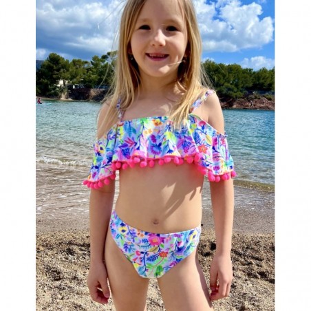 Bikini fille imprimé floral brassière à volant détails boules roses culotte classique du 8 au 14 ans