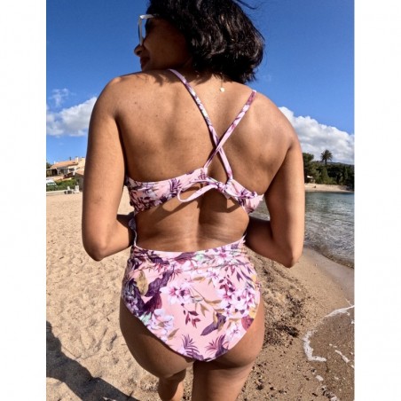 Maillot de bain 1 pièce femme rose imprimé floral, décolleté & dos ficelle - 36 à 44