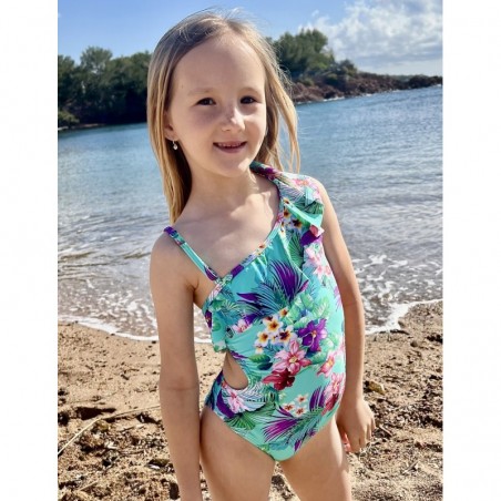 Maillot 1 pièce fille floral fond bleu à volants bretelles large et fine du 8 au 14 ans