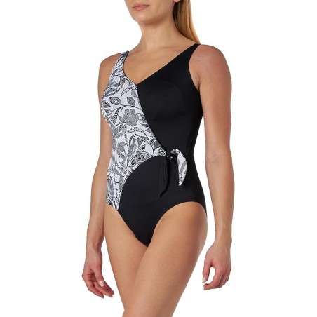 Maillot de bain 1 pièce gainant noir blanc à motif floral avec nœud - du 38 au 54