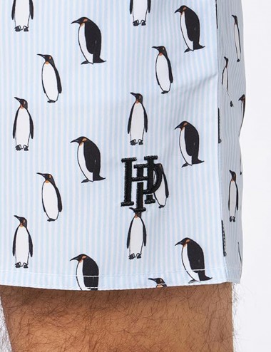 Boardshort homme rayé bleu-blanc imprimé pingouins - tailles S-XXL - Détails