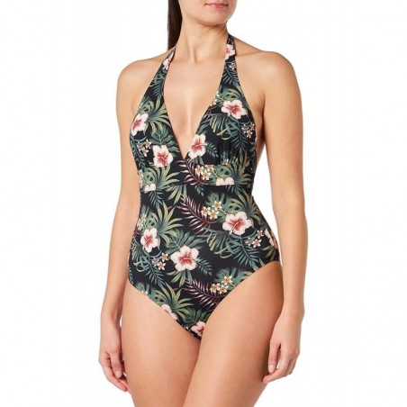 Maillot 1 pièce décolleté V, dos nu, imprimé tropical - Bonnet C - 36 au 46