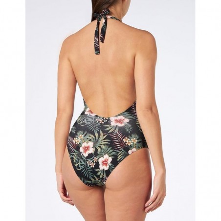 Maillot 1 pièce décolleté V, dos nu, imprimé tropical - Bonnet C - 36 au 46