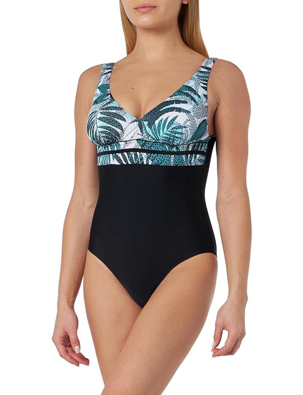 Maillot 1 pièce emboitant, uni noir, imprimé feuillage vert sur poitrine - du 38 au 60