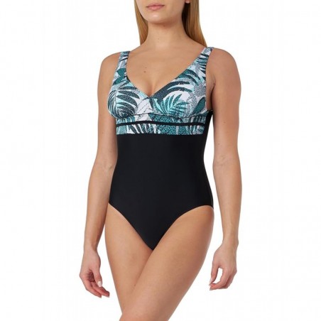 Maillot 1 pièce emboitant, uni noir, imprimé feuillage vert sur poitrine - du 38 au 60