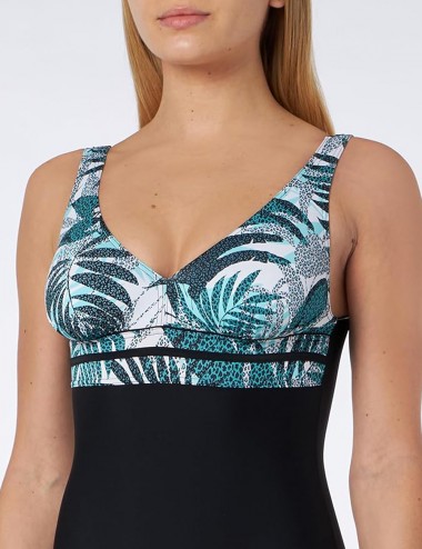 Maillot 1 pièce noir motif feuillage vert décolleté V gainant - du 38 au 60 - Détails