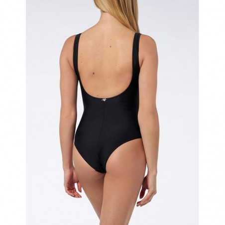 Maillot 1 pièce emboitant, uni noir, imprimé feuillage vert sur poitrine - du 38 au 60