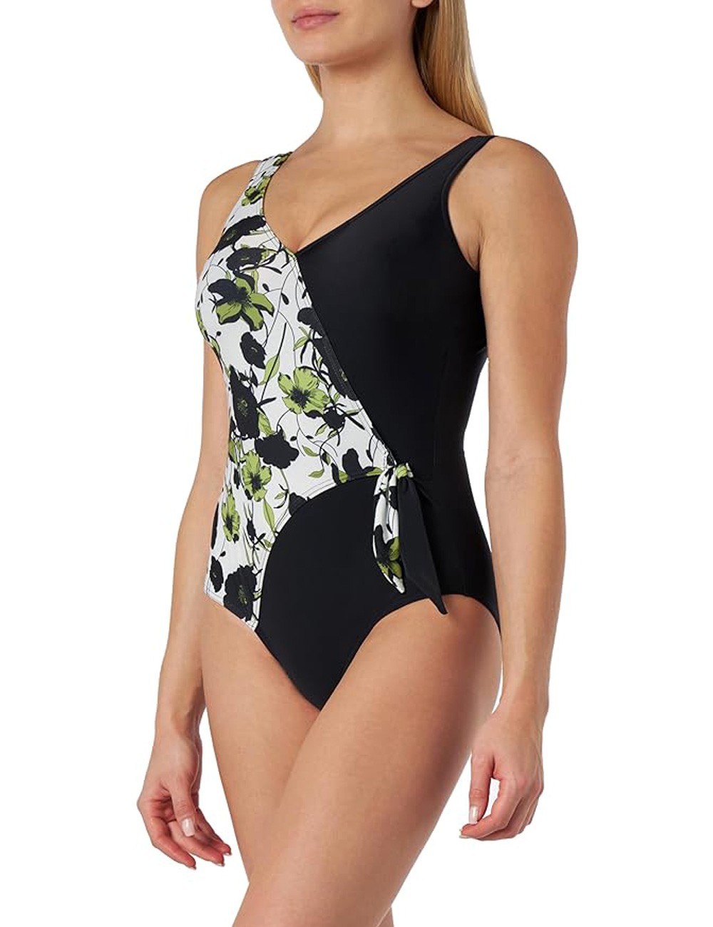 Maillot de bain 1 pièce noir à motif floral coloré avec nœud sculptant - du 38 au 54