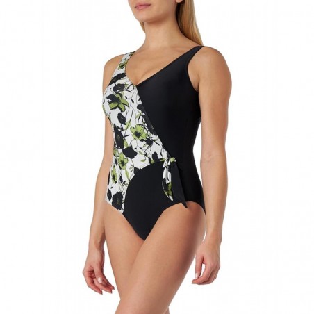 Maillot 1 pièce emboitant, noir et motif floral, nœud sur coté - du 38 au 54