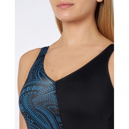 Maillot 1 pièce emboitant, noir et motif mandala bleu, dos nu - du 38 au 54