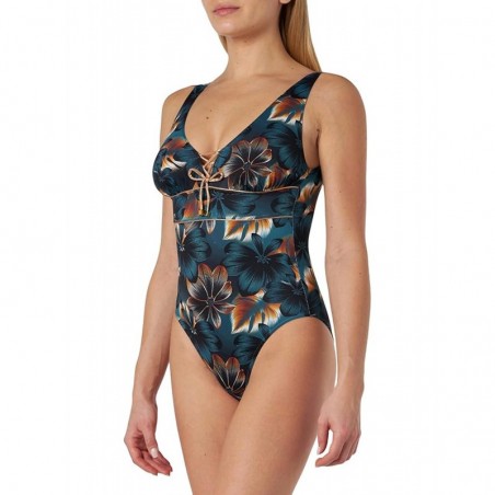 Maillot 1 pièce emboitant, imprimé floral, détails dorés, bonnet C, taille 38 à 52