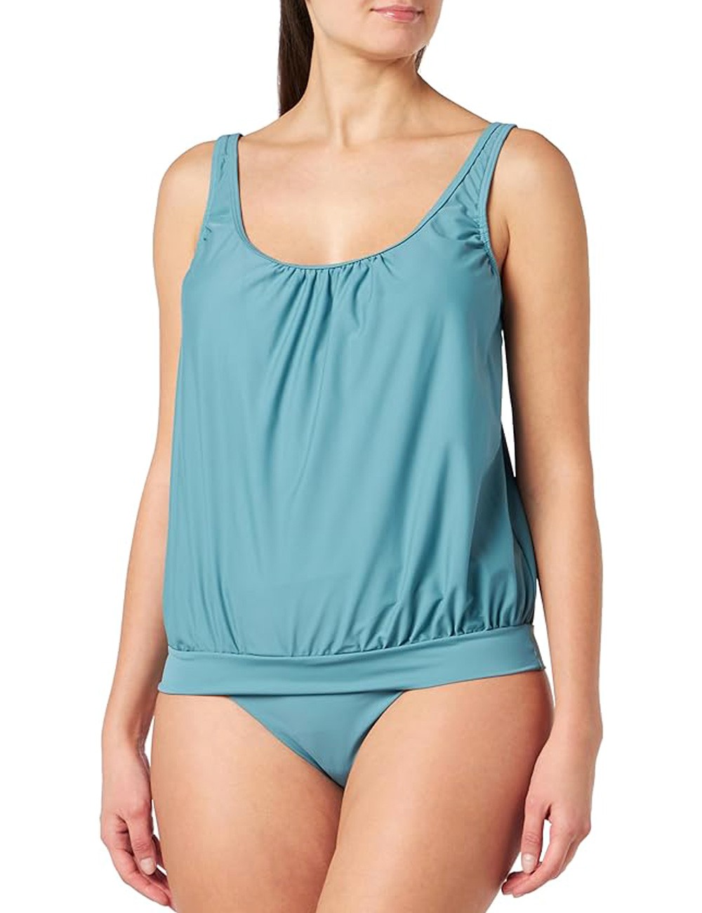 Ensemble tankini blouson, vert-gris, culotte haute drapée - taille 42 à 52