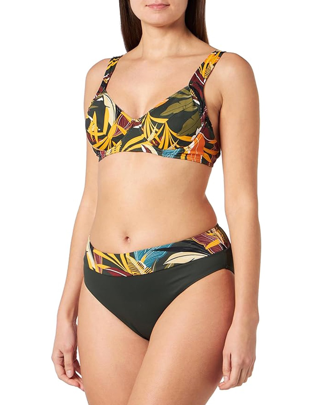 Maillot 2 pièces tropical, haut armature, culotte haute kaki avec ceinture imprimée, bonnet C, du 38 à 50