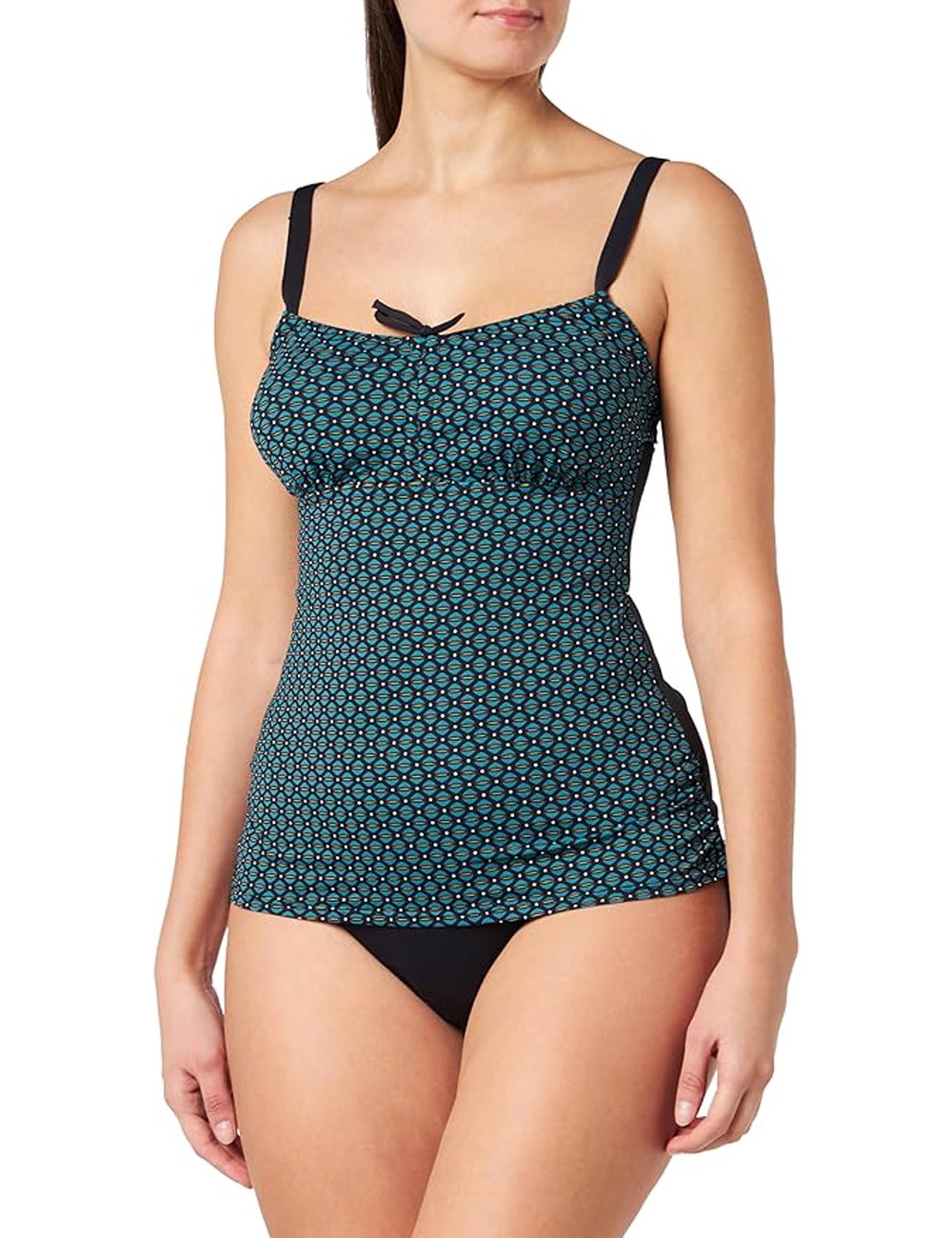 Tankini gainant motif géométrique bleu et culotte haute noire, taille 36 à 52