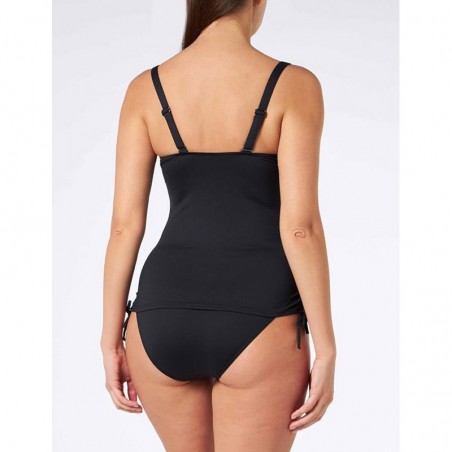 Tankini gainant motif géométrique bleu et culotte haute noire, taille 36 à 52