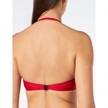 Maillot 2 pièces rouge, haut bandeau avec coques et lien amovibles, culotte haute - du 36 au 46