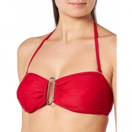 Maillot 2 pièces rouge, haut bandeau avec coques et lien amovibles, culotte haute - du 36 au 46