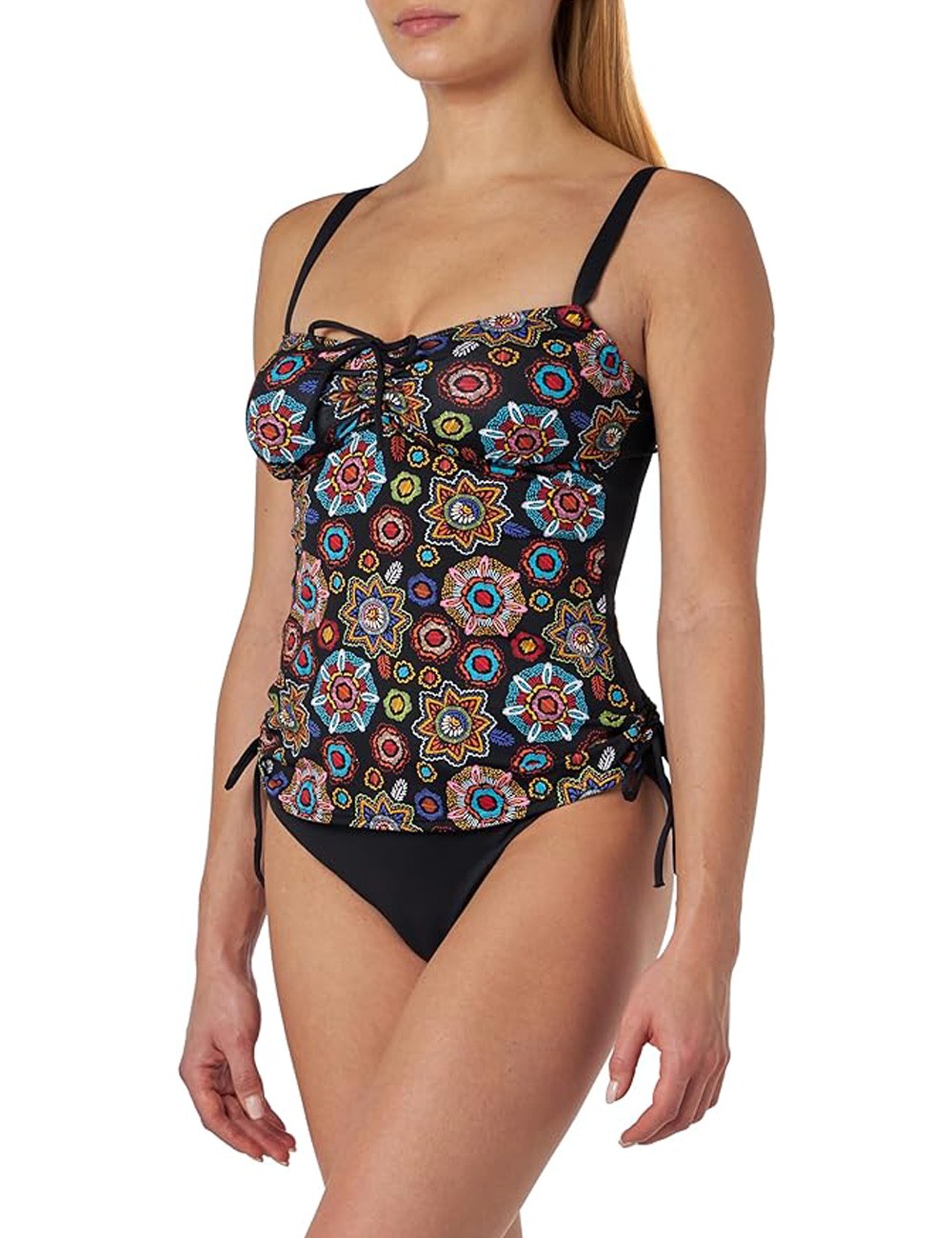 Tankini imprimé mandala coloré et culotte haute noir, taille 36 à 52