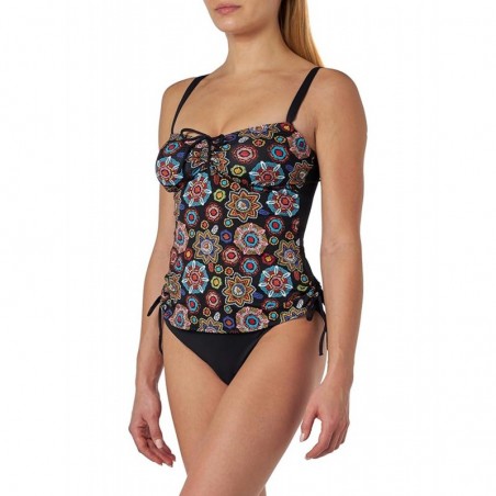 Tankini imprimé mandala coloré et culotte haute noir, taille 36 à 52