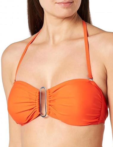 Bikini orange, haut bandeau avec coques et lien amovibles, culotte haute - du 36 au 46
